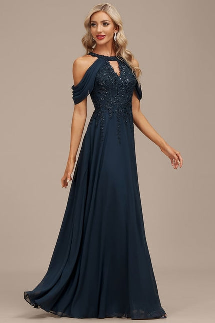 Robe Trapèze Bleu Marine Soiréeà Paillettes - gallery 3
