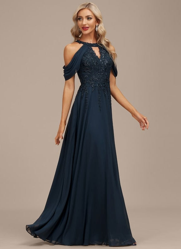 Robe Trapèze Bleu Marine Soiréeà Paillettes - gallery 3