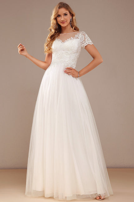 Robe Trapèze Blanche Mariage Tulle Dentelle - gallery 1