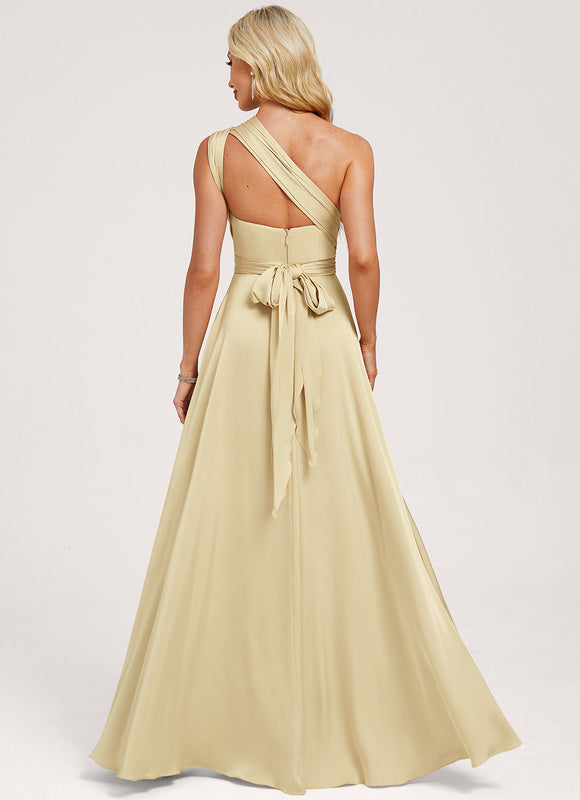 Robe Trapèze Beige Satin Décolleté Asymétrique - gallery 3