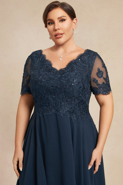 Robe Trapèze Bleu Marine Dentelle Mousseline - gallery 8
