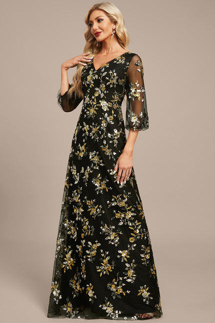 Robe Trapèze Élégance Sombre Fleurie - gallery 4