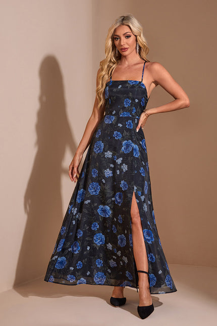 Robe Trapèze Bleue Florale Maxi Organza - gallery 3