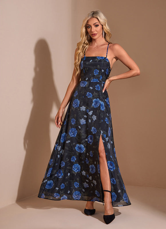 Robe Trapèze Bleue Florale Maxi Organza - gallery 3