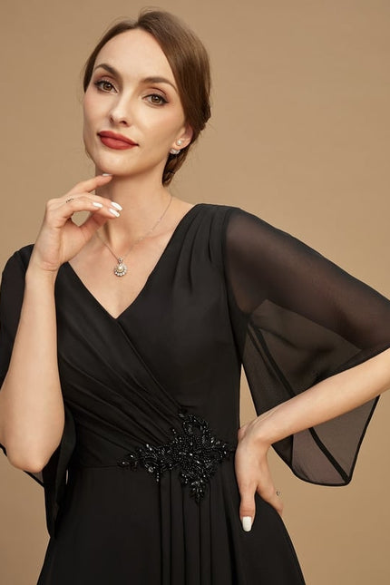 Robe Trapèze Noire Mousseline Longues Volants Paillettes - gallery 6