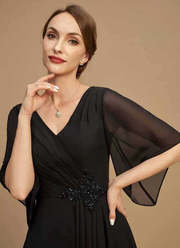 Robe Trapèze Noire Mousseline Longues Volants Paillettes - gallery 6