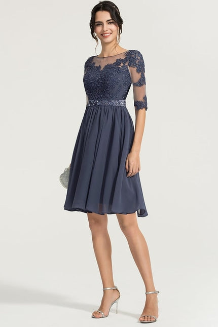 Robe Trapèze Bleue Dentelle Perles Cocktail - gallery 1
