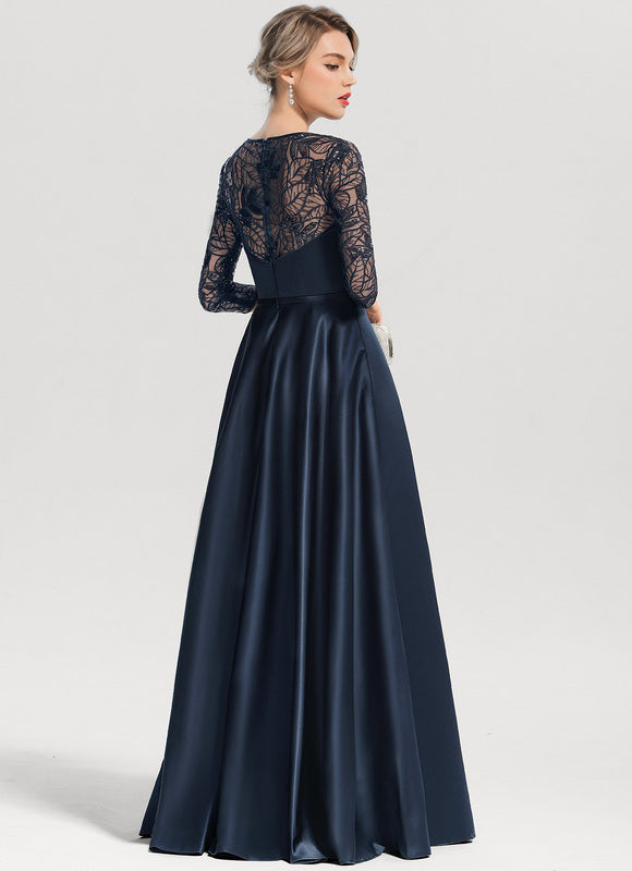 Robe Trapèze Bleue Marine Satin Dentelle Paillettes - gallery 2