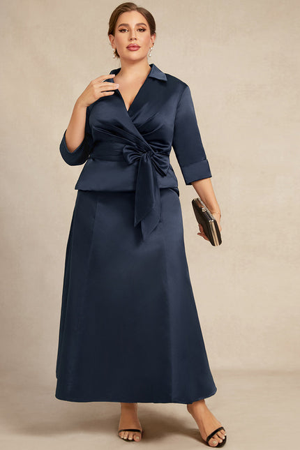 Robe Trapèze Bleu Marine Satin Longue À Nœud - gallery 9