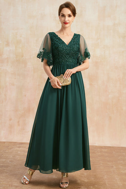Robe Trapèze Verte En Mousseline Et Dentelle - gallery 3