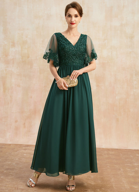 Robe Trapèze Verte En Mousseline Et Dentelle - gallery 3