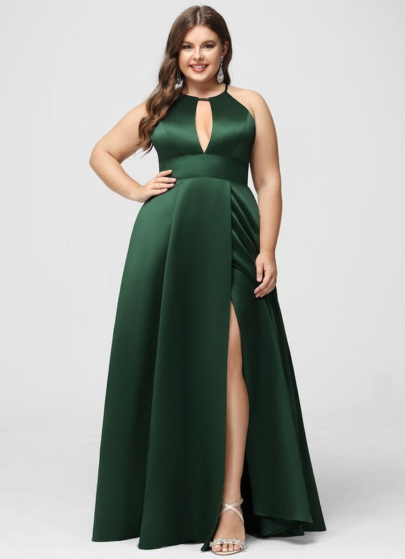 Robe Trapèze Vert Satin Longue - gallery 7
