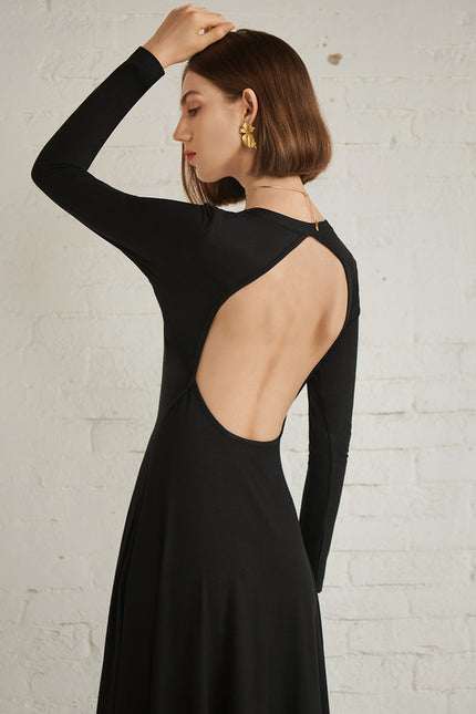 Robe Trapèze Noire Col V Midi - gallery 1