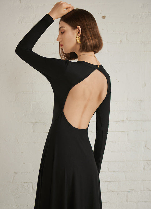 Robe Trapèze Noire Col V Midi - gallery 1