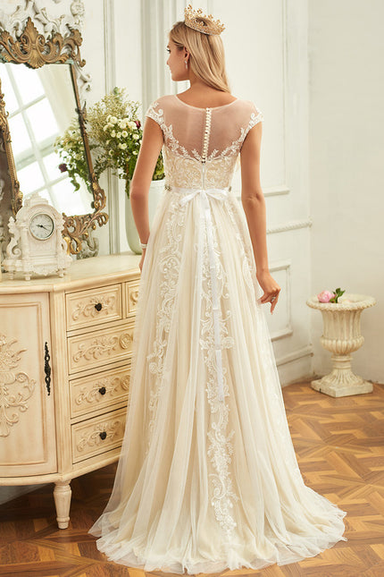 Robe Trapèze Ivoire Dentelle Volants Bal De Mariée - gallery 3