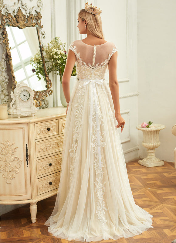 Robe Trapèze Ivoire Dentelle Volants Bal De Mariée - gallery 3