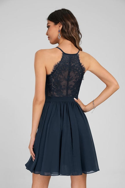 Robe Trapèze Bleue Marine Dentelle Mousseline - gallery 5
