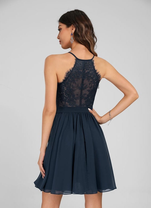 Robe Trapèze Bleue Marine Dentelle Mousseline - gallery 5