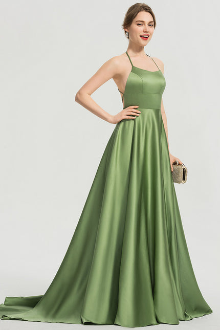 Robe Trapèze Vert Satin Bal Balayant - gallery 2