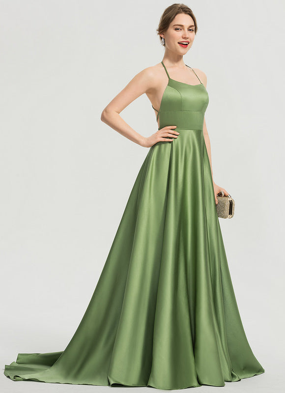 Robe Trapèze Vert Satin Bal Balayant - gallery 2