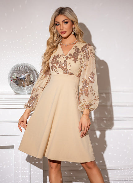 Robe Trapèze Pailletée Beige