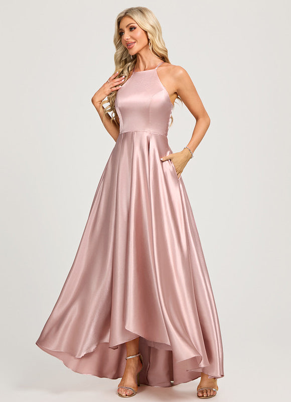 Robe Trapèze Satin Rose Clair Élégante - gallery 2