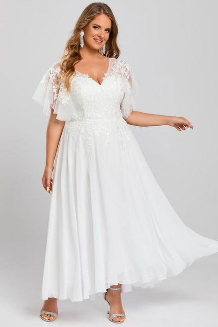 Robe Trapèze Beige Dentelle Tulle Volants Mariage - gallery 7