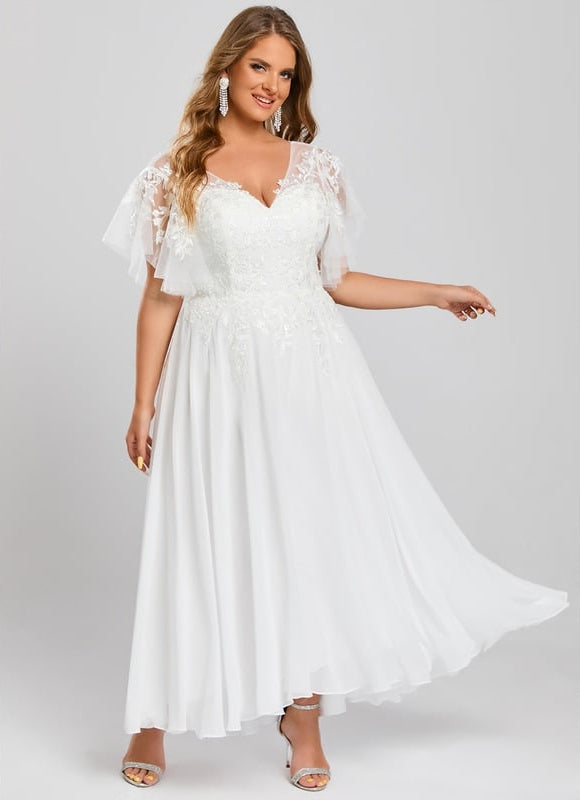 Robe Trapèze Beige Dentelle Tulle Volants Mariage - gallery 7