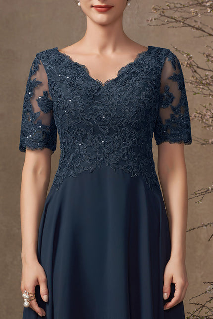 Robe Trapèze Bleu Marine Dentelle Mousseline - gallery 1
