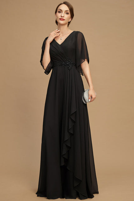 Robe Trapèze Noire Mousseline Longues Volants Paillettes - gallery 1
