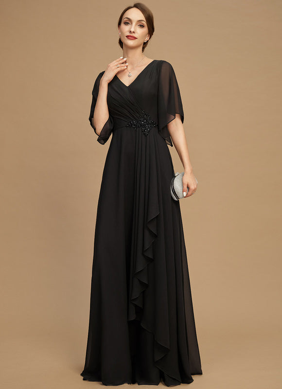 Robe Trapèze Noire Mousseline Longues Volants Paillettes - gallery 1
