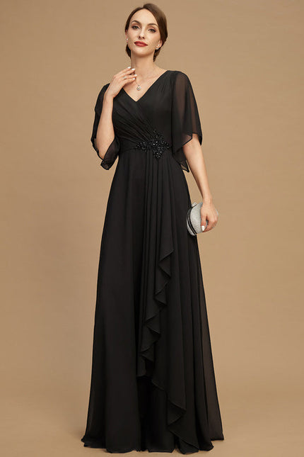 Robe Trapèze Noire Mousseline Longues Volants Paillettes - gallery 1