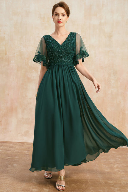 Robe Trapèze Verte En Mousseline Et Dentelle