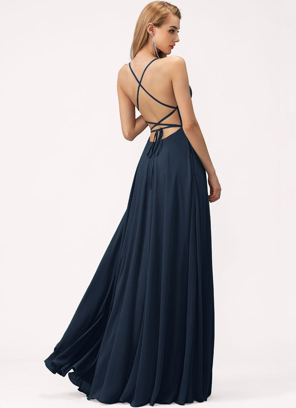 Robe Trapèze Bleue Soirée Longue Slit - gallery 4