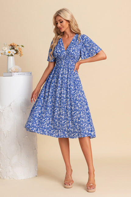 Robe Trapèze Bleu Floral Midi