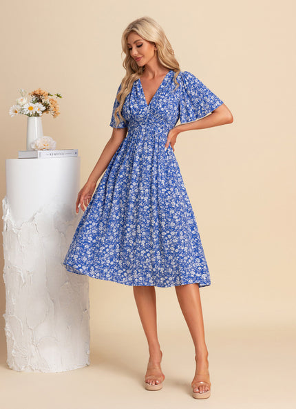 Robe Trapèze Bleu Floral Midi
