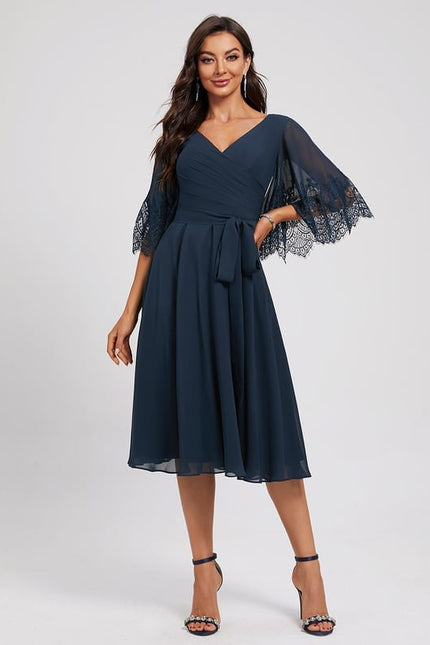 Robe Trapèze Bleue Marine Dentelle Mousseline - gallery 2
