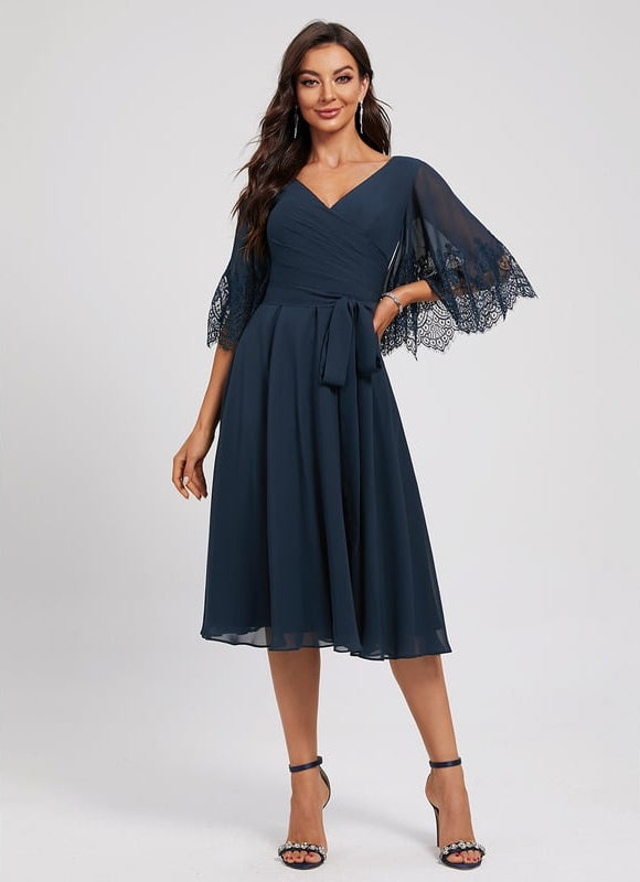 Robe Trapèze Bleue Marine Dentelle Mousseline - gallery 2