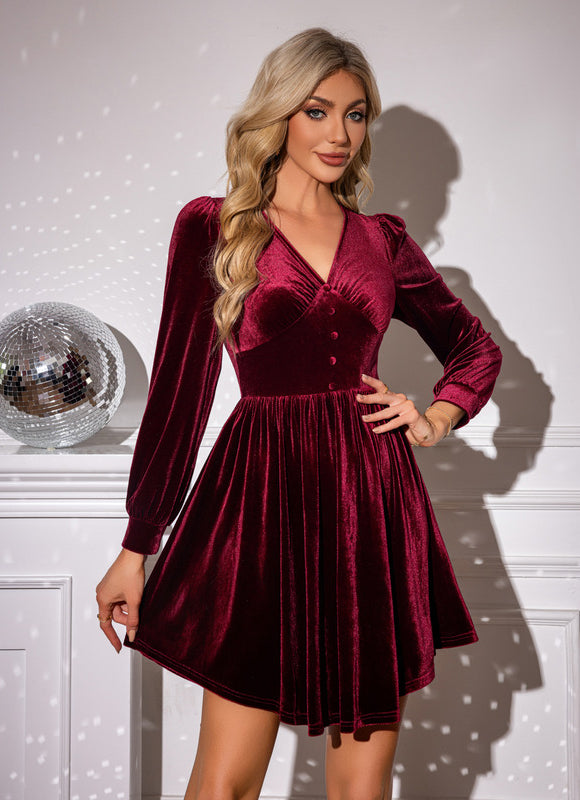 Robe Trapèze Festive Velours Rouge