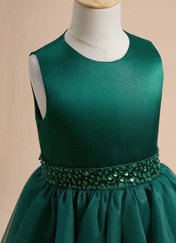 Robe Trapèze Vert Émeraude Mousseline Et Satin - gallery 6