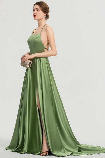 Robe Trapèze Vert Satin Bal Balayant - gallery 1