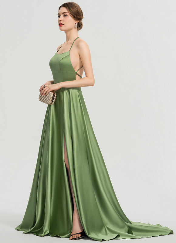Robe Trapèze Vert Satin Bal Balayant - gallery 1