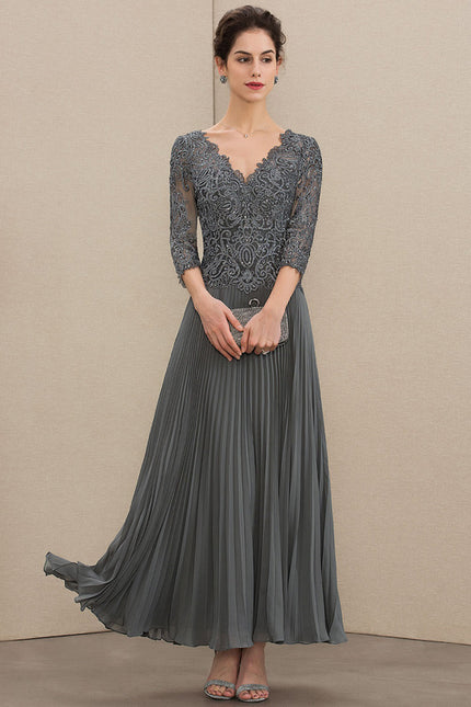 Robe Trapèze Gris Dentelle Mousseline Plissée