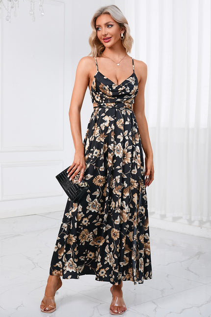 Robe Trapèze Fleur Noire Satinée - gallery 1