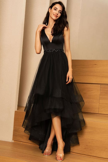 Robe Trapèze Noir Satiné Élancé - gallery 1