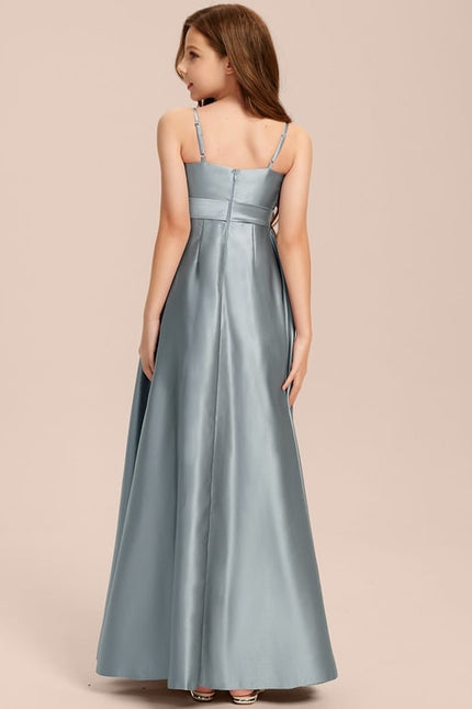 Robe Trapèze Bleu Satin Longue Avec Nœud - gallery 6