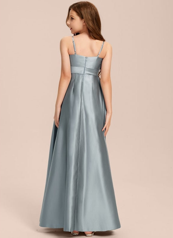 Robe Trapèze Bleu Satin Longue Avec Nœud - gallery 6