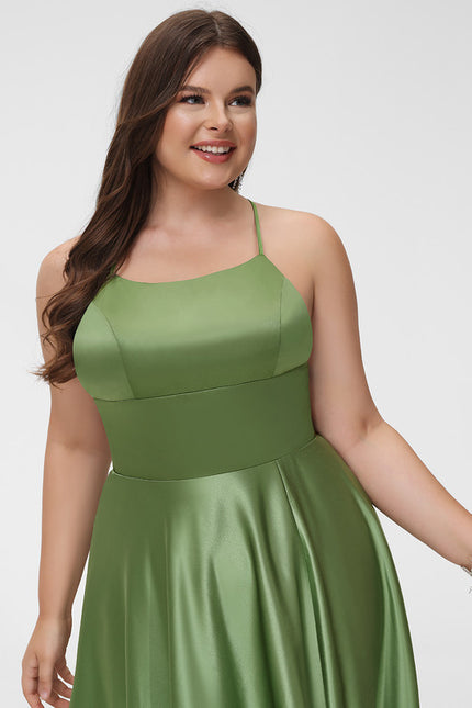 Robe Trapèze Vert Satin Bal Balayant - gallery 8