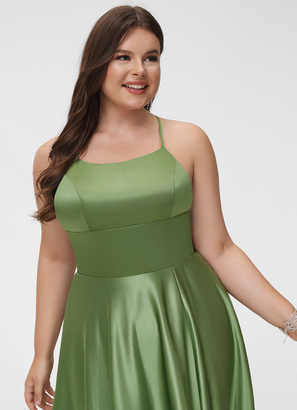 Robe Trapèze Vert Satin Bal Balayant - gallery 8