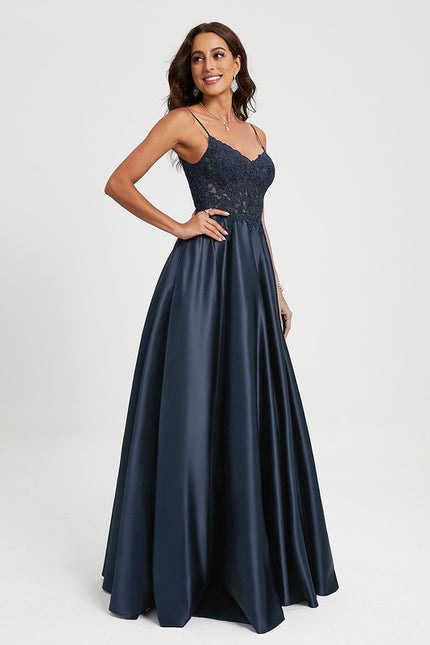 Robe Trapèze Bleu Marine Satin Dentelle Strass - gallery 2